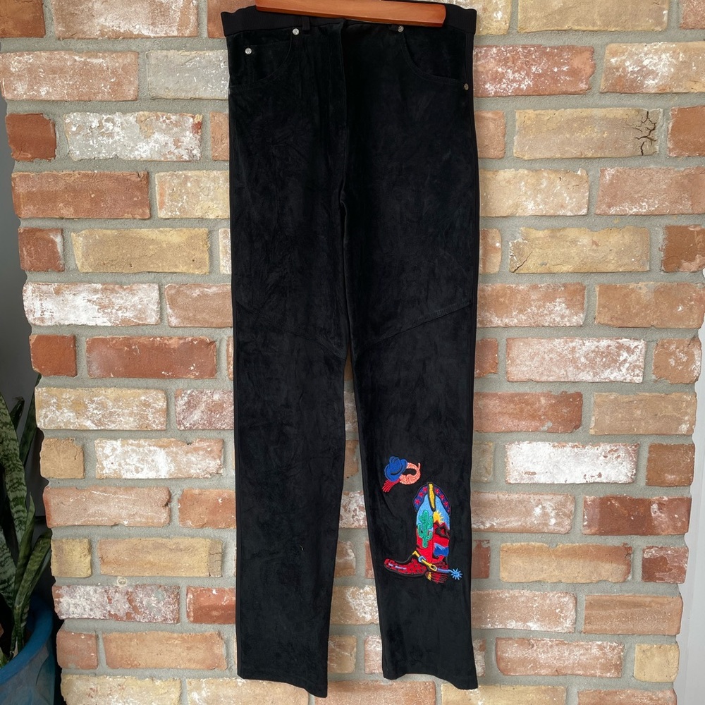 Vintage Morris Kaye & Sons Black Suede Embroidered High Rise pant Sz M